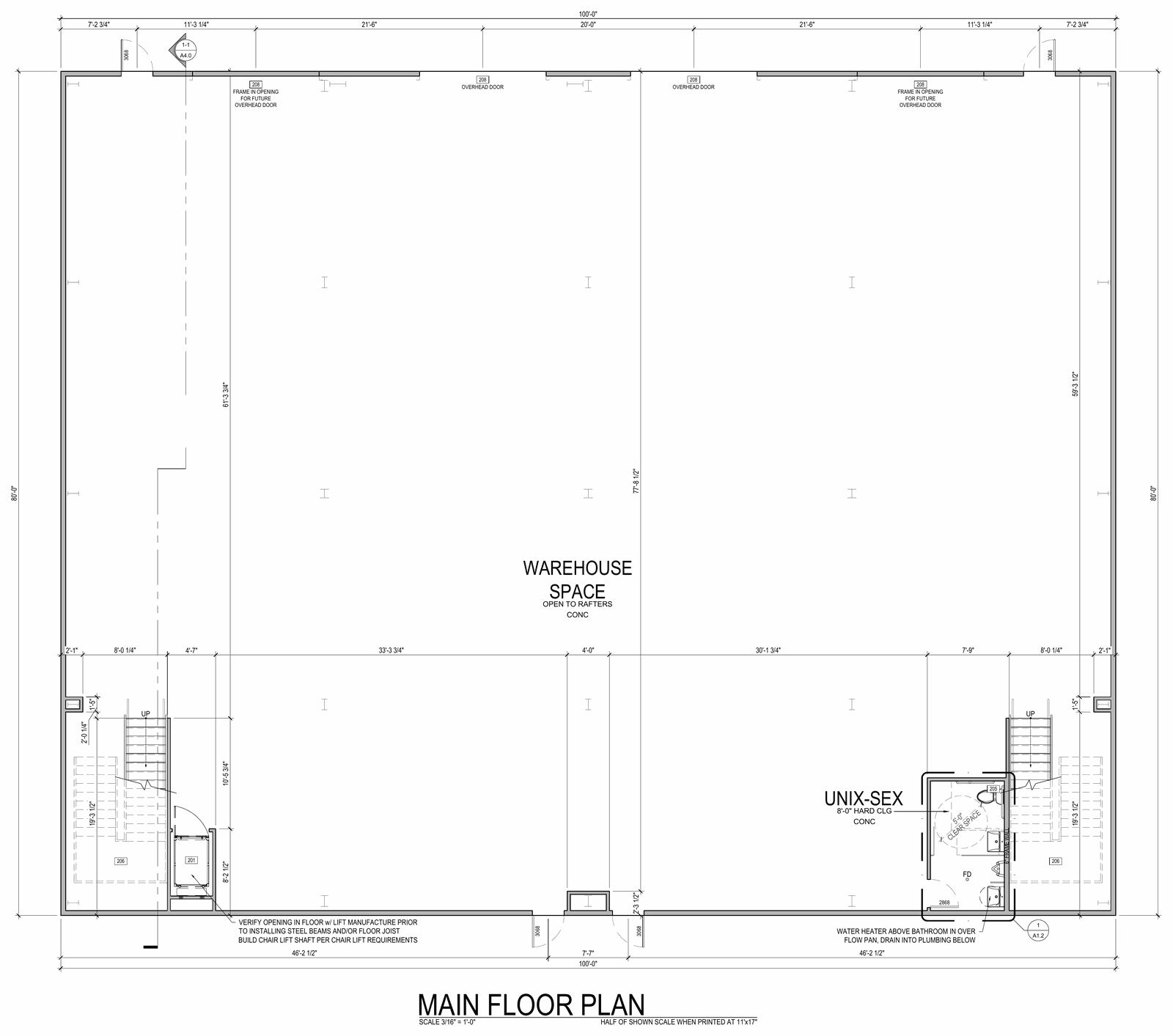 Ground floor plan: warehouse and fabrication space, open to rafters, with four overhead doors