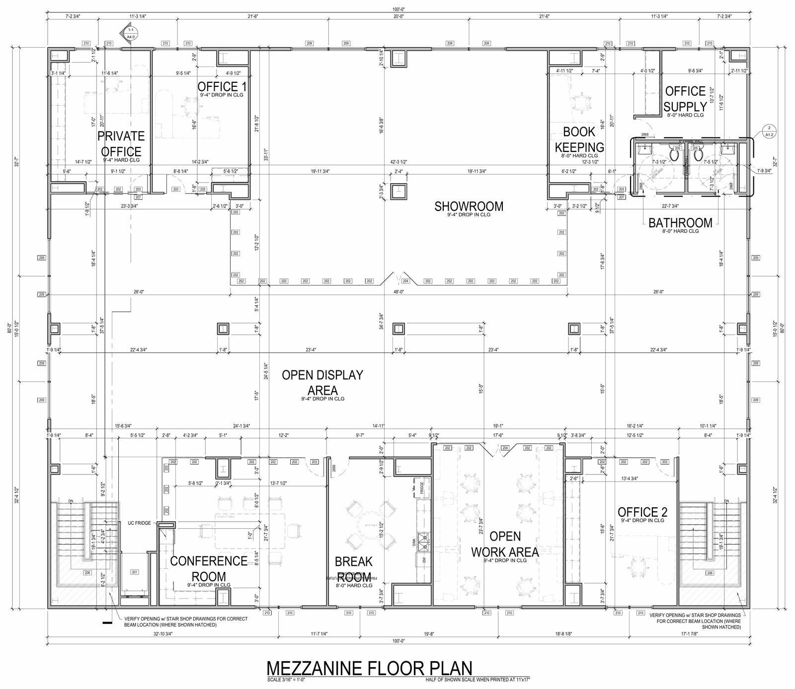 Mezzanine floor plan: showroom, open display area, offices, conference room and break room