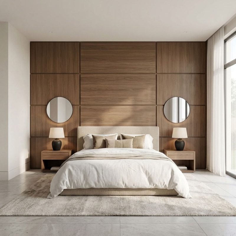 Walnut grid panelled feature wall with fine reveals behind a bed