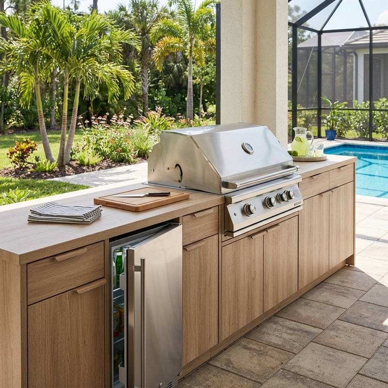 Outdoor kitchen cabinetry with grill surround built for Florida weather
